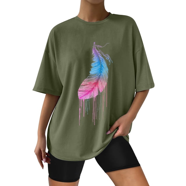 TSADFHJI Hauts de Noël Élégants pour Femmes, Mode Décontractée, T-Shirt Ample en Coton, Col Rond, Manches Courtes, Été, m Vert