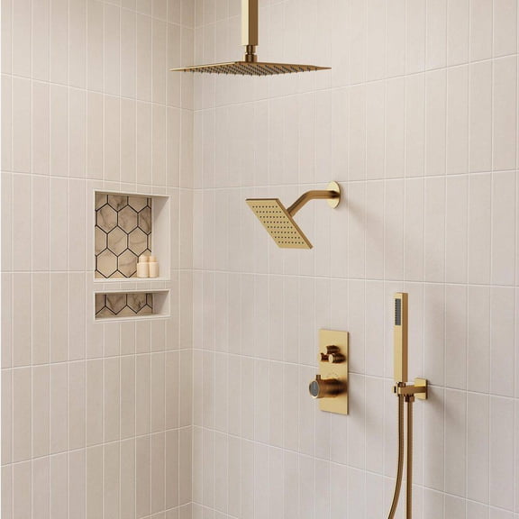 EVERSTEIN 7-Spray Patterns Thermostatic 12 in., 6 in. Ceiling Mount Fixed and Handheld Shower Head in Brushed Gold