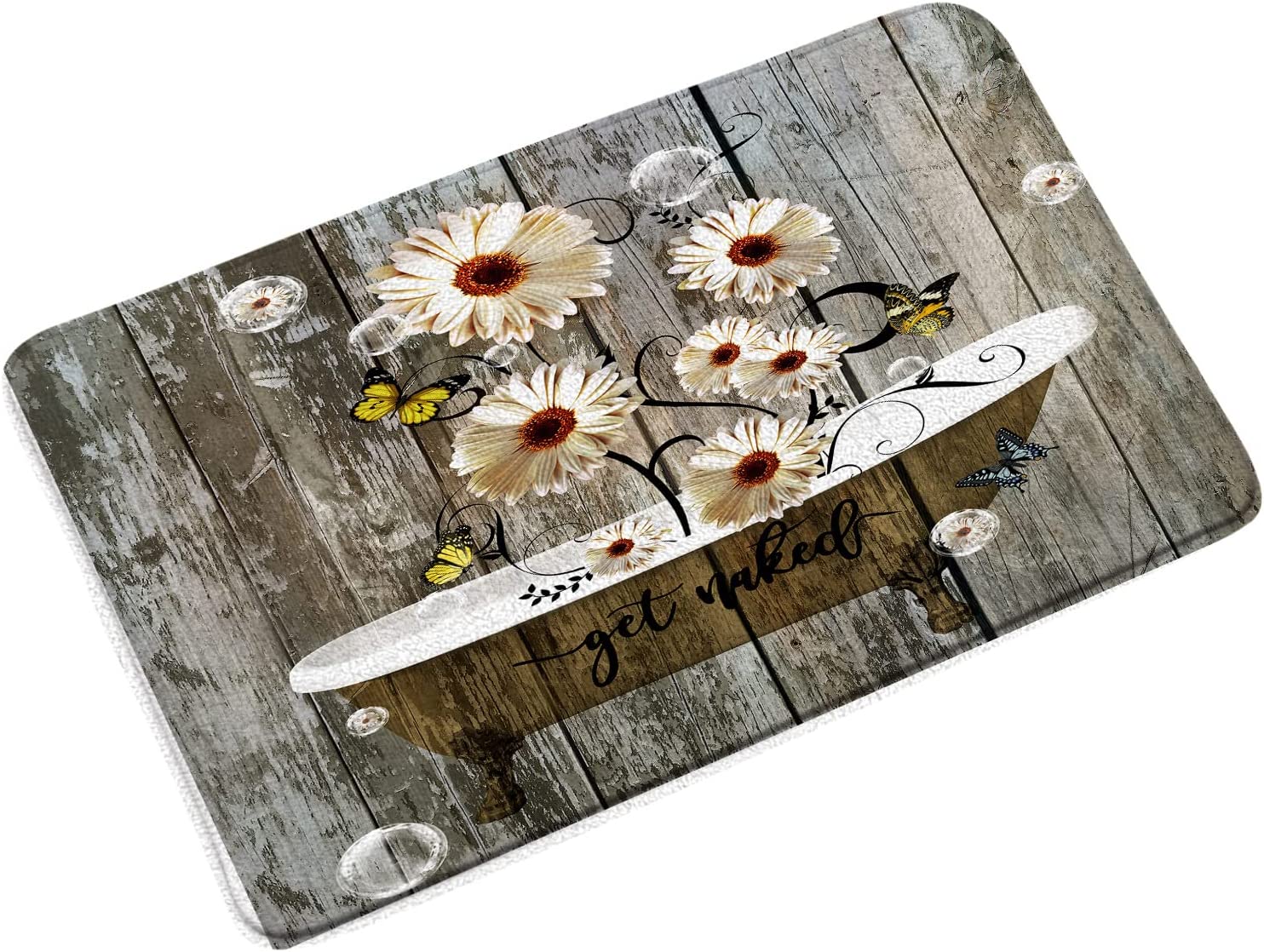 Rustic Daisy Bath Mat Farmhouse Get Naked Vintage Wooden Spring Butterfly Floral Wild Flowers in Bathtub Bathroom Rug Kitchen Toilet Door Rugs Memory Foam 16 x 48 Inch