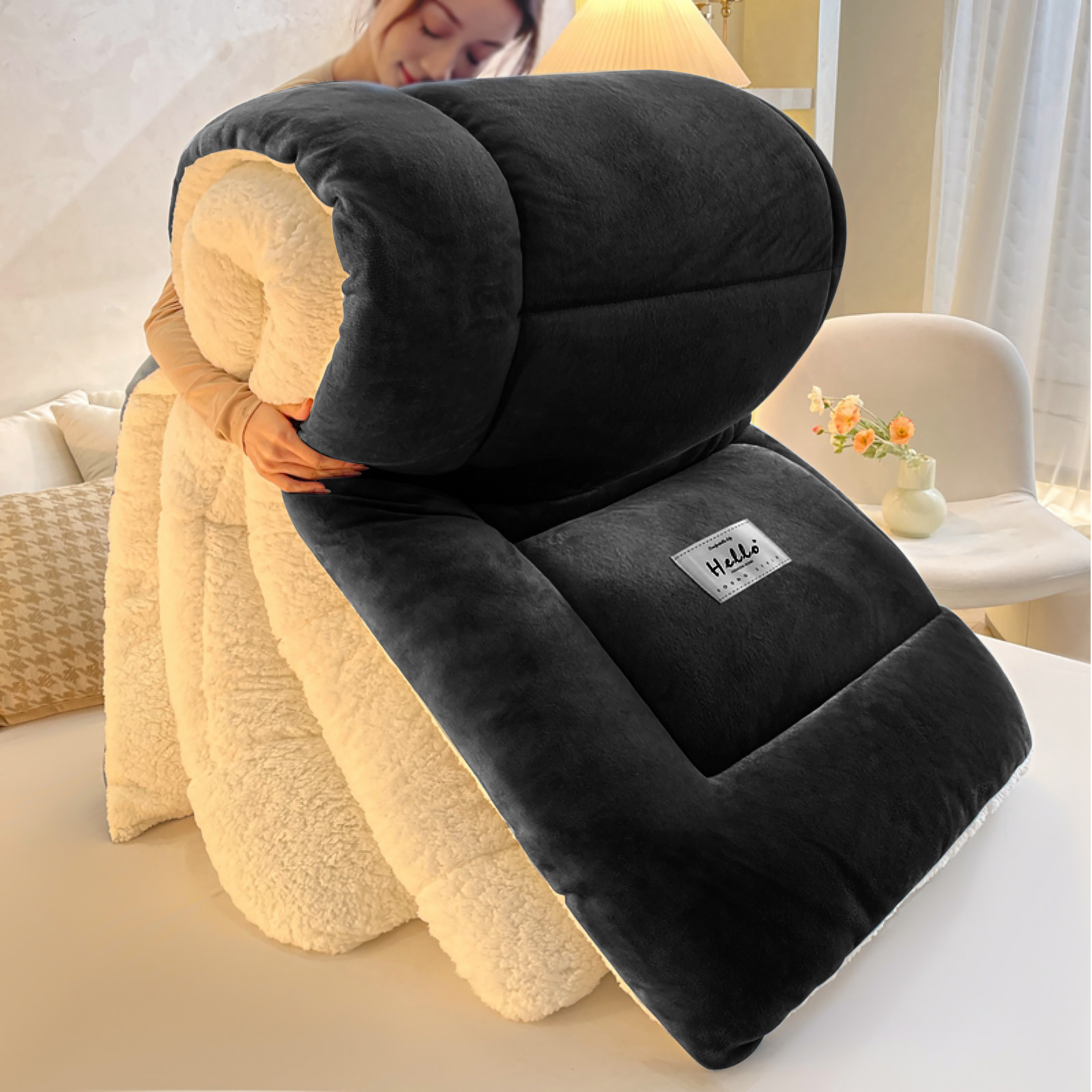WOOW DEPOT Sherpa Fleece Queen Comforter Reversible, 1 PCS, Heavy 7.5lbs Quilted Bedding Warm Cozy Machine Washable, Black