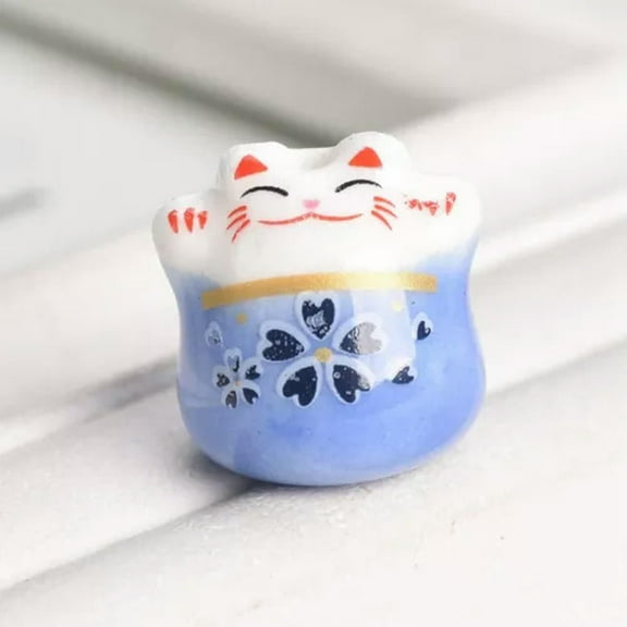 U8MO 5pcs 16mm Fortune Cat Raise Claws Ceramic Loose Beads For Jewelry Making-Light Blue