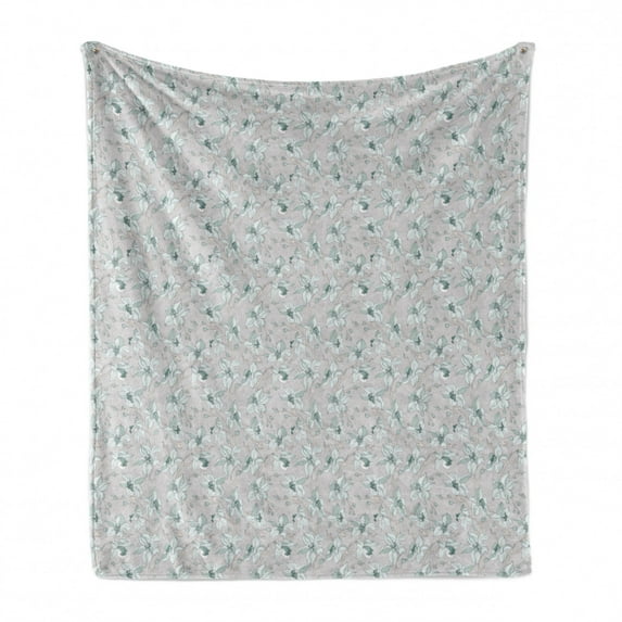Meadow Soft Flannel Fleece Throw Blanket, Exotic Orchids Blooming in the Field Garden Shabby Flowers Motif, Cozy Plush for Indoor and Outdoor Use, 70" x 90", Pale Seafoam and Pale Grey, by Ambesonne