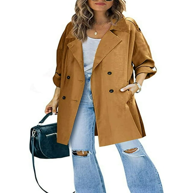 Manteau Trench Mi-Long à Double Boutonnage pour Femmes, Revers Classique, Long Manteau d'Automne Coupe-Vent avec Ceinture