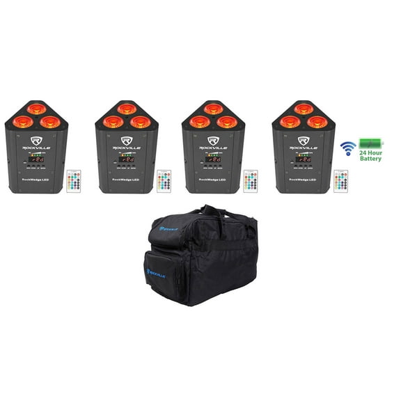 4) Rockville RockWedge LED RGBWA UV Rechargeable Battery Wireless DMX Lights Bag