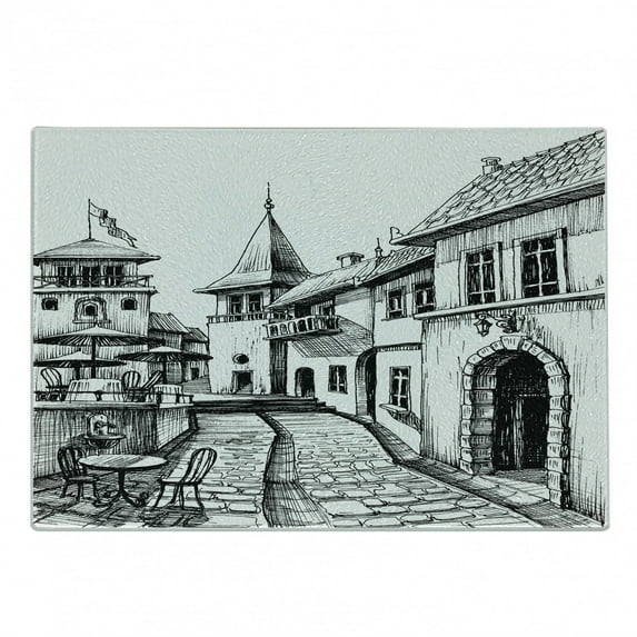 Cityscape Cutting Board, Old Peaceful City Drawing Restaurant Terrace Sketch Downtown Lifestyle Scene, Decorative Tempered Glass Cutting and Serving Board, Small Size, Black White, by Ambesonne