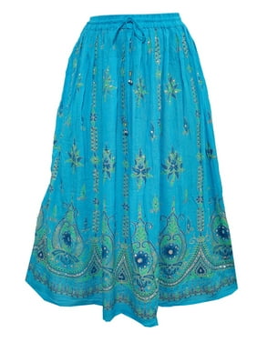 Mogul Women's Festive Skirt Blue Sequins Ankle Length Long Skirts
