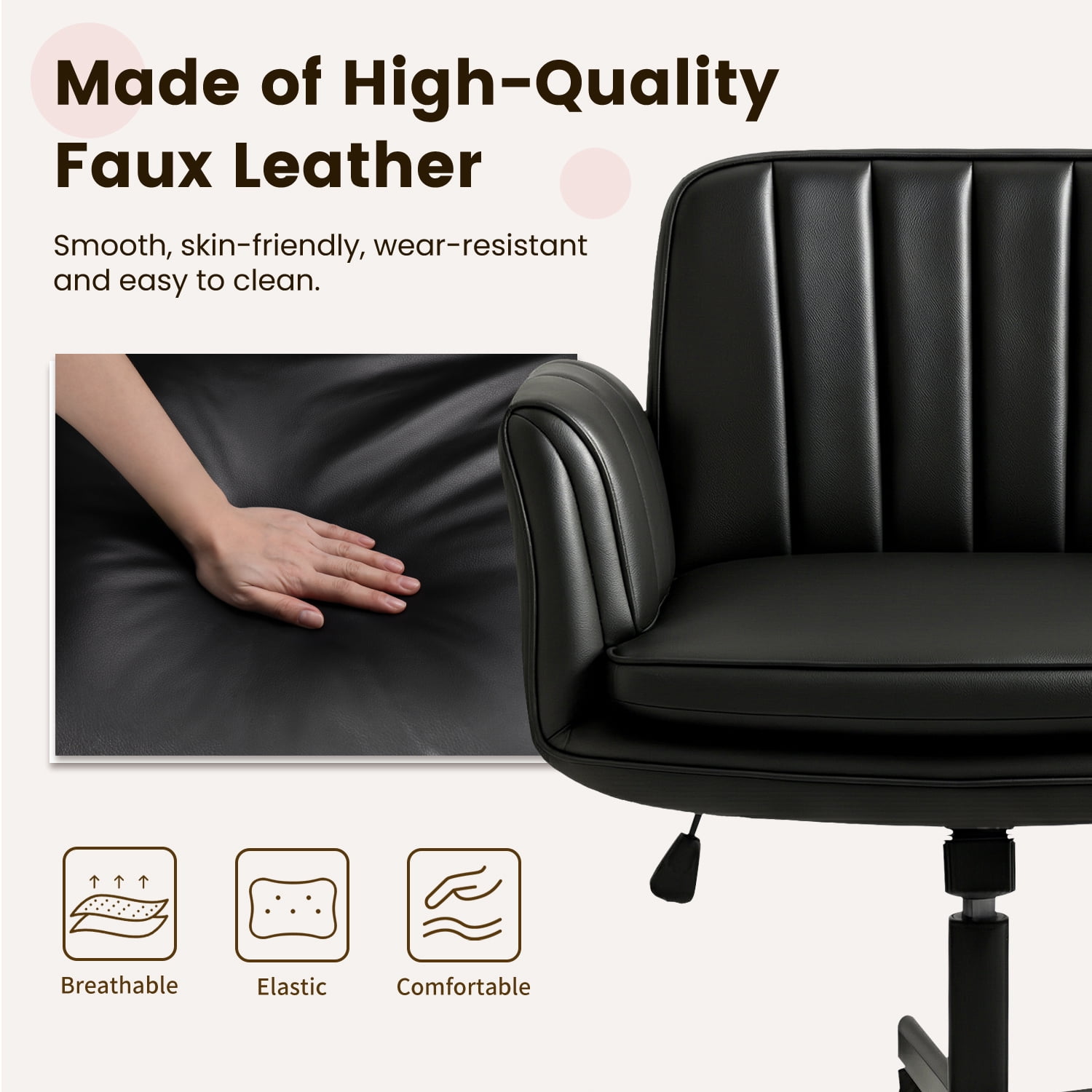 Waleaf Criss Cross Chair with Wheels & Armrests, Criss Cross Office Swivel Chair, PU Leather Vanity Chair with Back, Beige Comfortable Adjustable Vanity Desk Chairs for Home Office and Bedroom