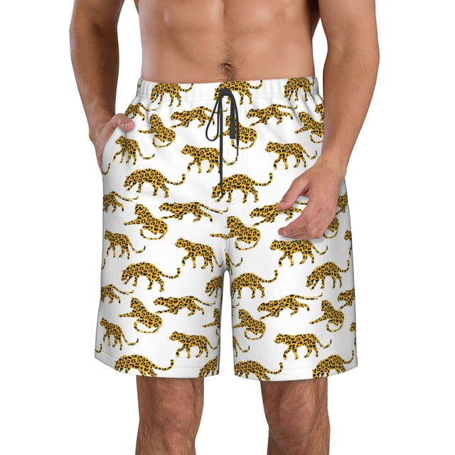 Wukai Leopard Print Print Beach Trunks with Compression Liner Swimsuit Quick Dry Beach Sports Shorts with Pocket-Large
