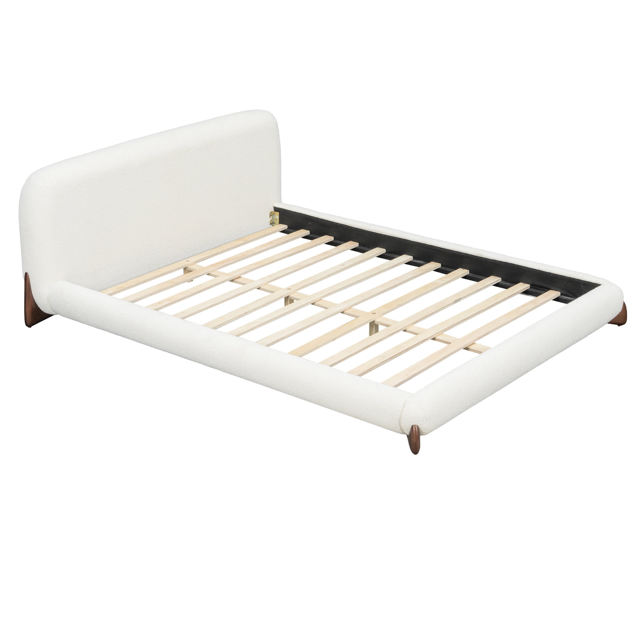 Christopher Knight Home Queen Upholstered Platform Bed with Thick Curved Headboard, Solid Wood Legs, White