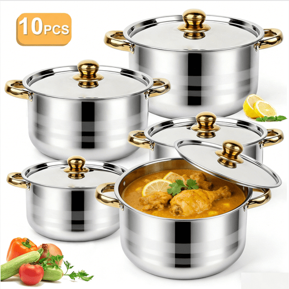 [10pcs Stainless Steel Pot Set] 10pcs Stainless Steel Pot Set, Multi-Size Cooking Pots with 5 POTS   5 LIDS | Deep Stock Pot,,