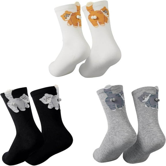 3 Pairs 3D Cat Egg Socks - Cute Cat Socks with Balls for Women, Novelty Cotton Funny Animal Crew Sock for Cats Lovers Gif