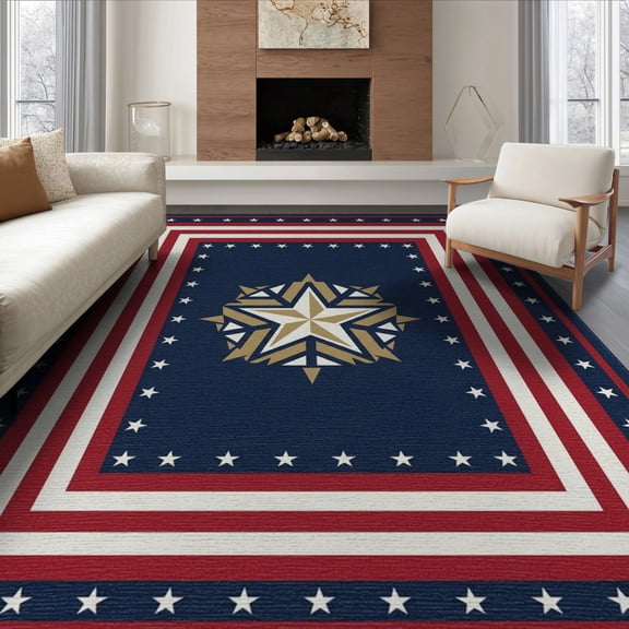 ODIKA 6'x9' Washable Area Rug Patriotic Showcasing Stars Stripes Halloween Plaid Independence for Family Room, Living Room, Master Bedroom, Non-Slip, Easy Care