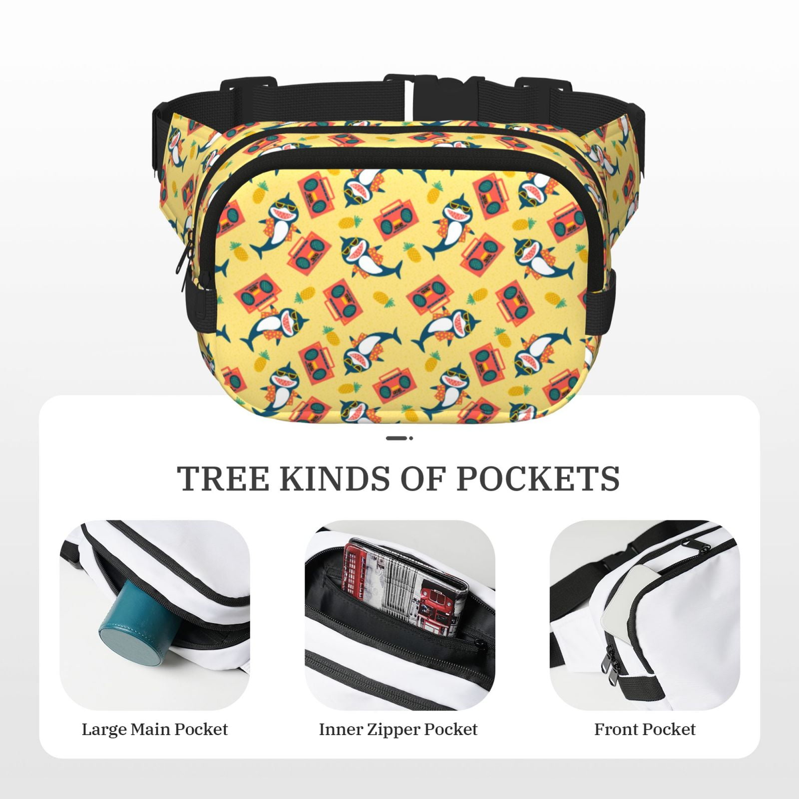 Picia Pineapples Sharks In Hawaiian Print Square Double-Layer Waist Bag Mini Adjustable Waist Belt Bag Exercise Running Travel Hiking