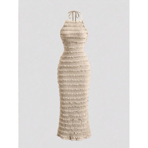 Apricot Ruched Halter Maxi Dress With Adjustable Neck Tie