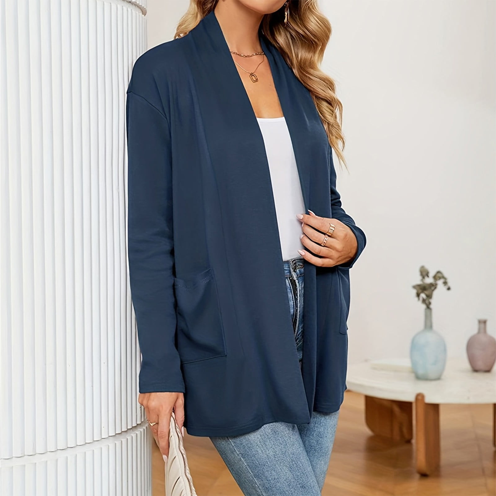 Women's Lightweight Cardigan Sweater Open Front Long Sleeve Thin Knit Jacket Casual Loose Fit Cover Up with Pockets Breathable Layer for Spring Fall,Dark Blue 2XL - image 5