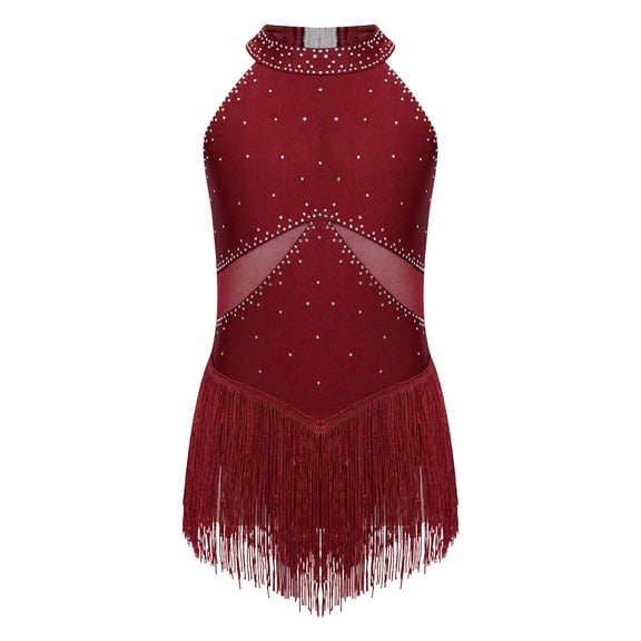 CHICTRY Kids Girls Shiny Rhinestone Tassel Latin Dance Dress Halter Ice Skating Leotard Dresses Modern Jazz Lyrical Dancewear Burgundy 6