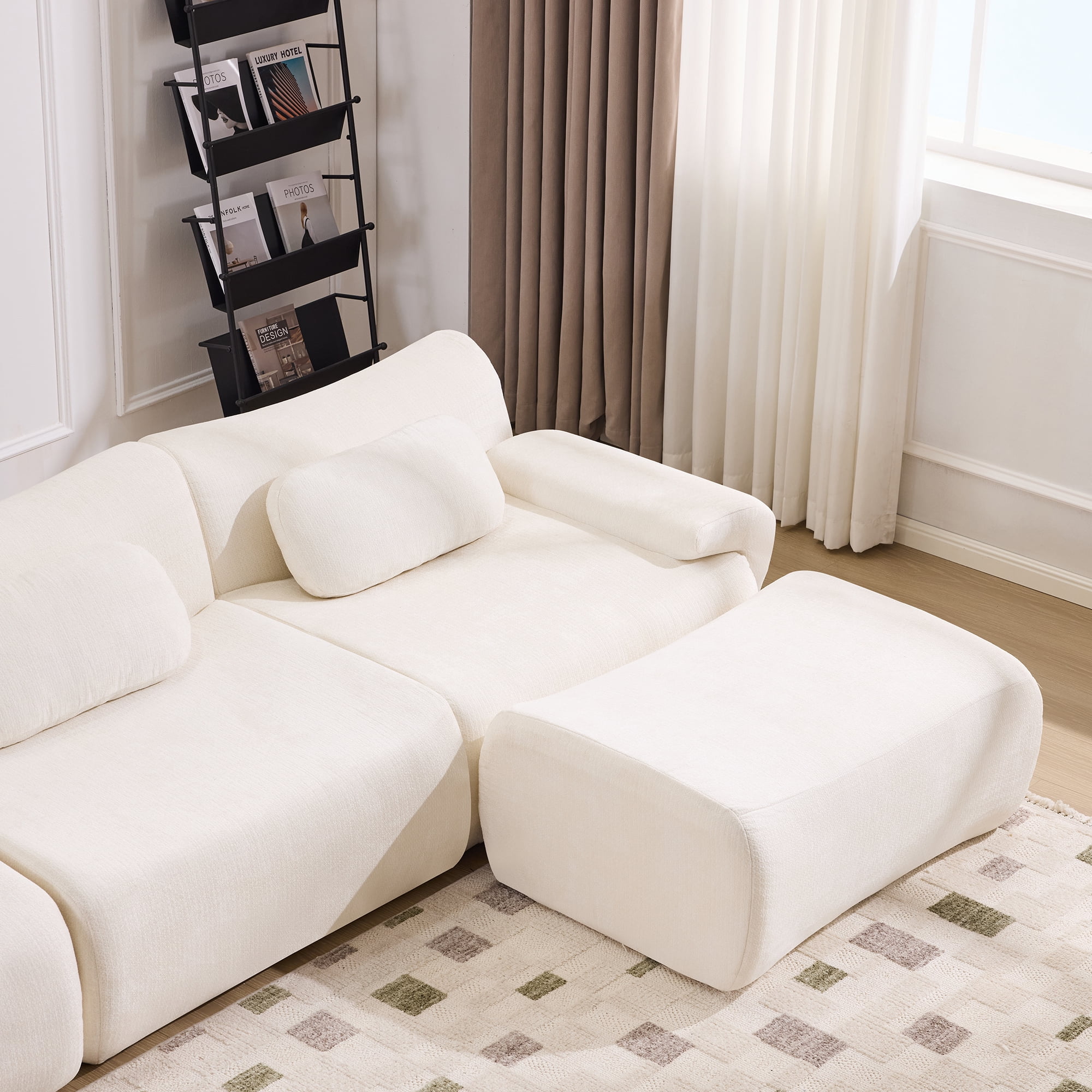 Gewnee 107.9"Modular Sectional Sofa,Upholstered Cloud Couch with Deep Seat & Ottoman,L-Shaped Chenille Sofa for Living Room.White
