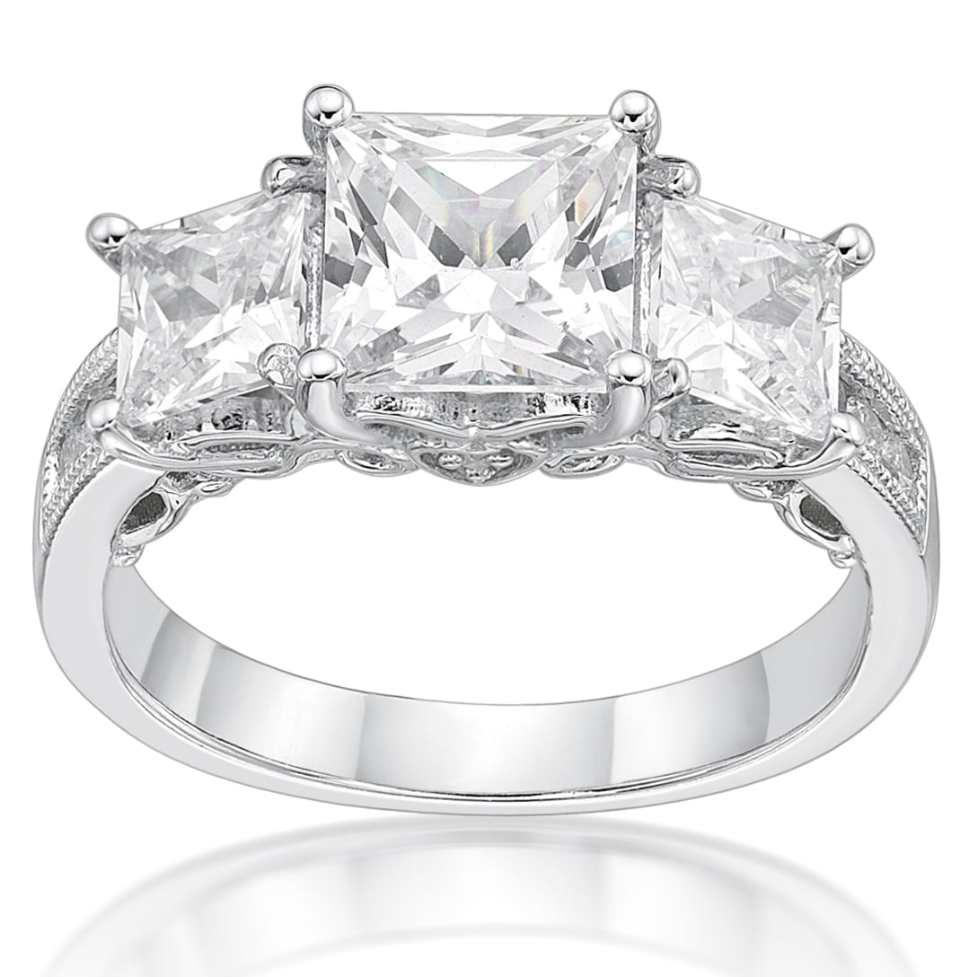 Ladies Sterling Silver Tri-Stone Solitaire Lab Diamond Bridal Engagement Ring 