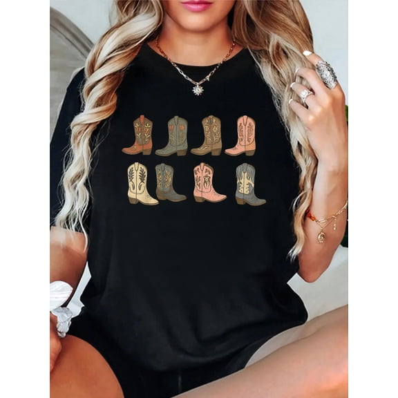 100% Cotton Cute Country Cowgirl Boots Cowboy Women Western Vintage T-Shirt Print Round Neck Cotton T-Shirt, Summer Women's Tops, gift