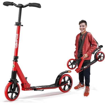 Campior Foldable Kick Scooter for Ages 6 , Kids/Teens/Adults, 240 lb Max Load, 8-inch Wheels, 3 Height Levels, Kickstand, Safety Approved, Red