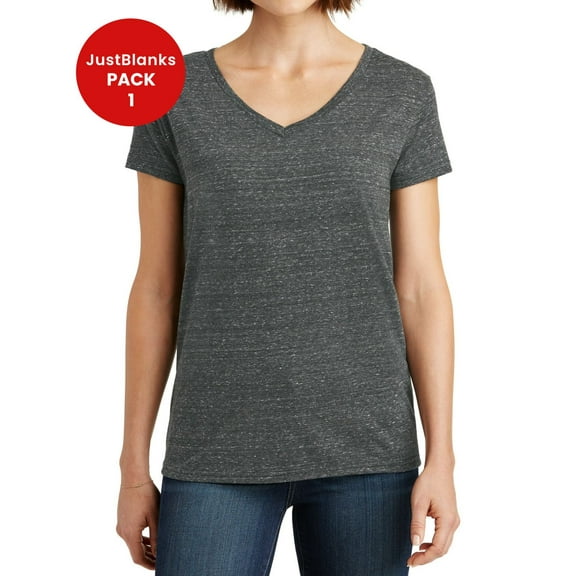 JustBlanks Ladies Cosmic Relaxed fit Shoulder to shoulder taping 1x1 rib knit neck V-Neck T Shirt
