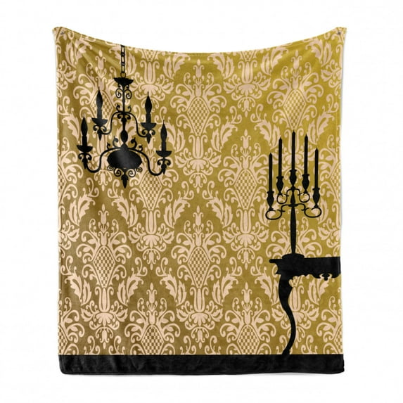 Damask Soft Flannel Fleece Blanket, English Country House Damask Motif on Wall and Chandelier Silhouettes Renaissance, Cozy Plush for Indoor and Outdoor Use, 50" x 70", Yellow Black, by Ambesonne