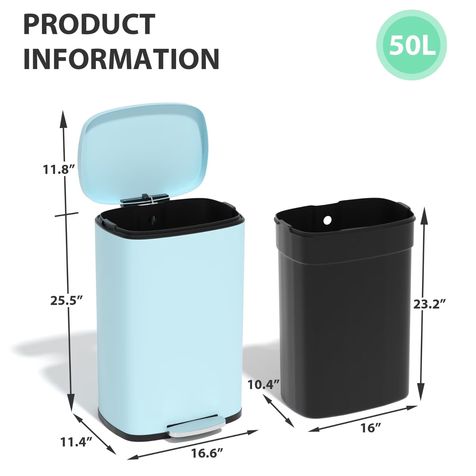 YRLLENSDAN 50 Liter/13 Gallon Stainless Steel Trash Can, Garbage Can with Lid and Removable Inner Bucket, Fingerprint Proof Trash Bin for Bathroom Kitchen Bedroom Office, Blue
