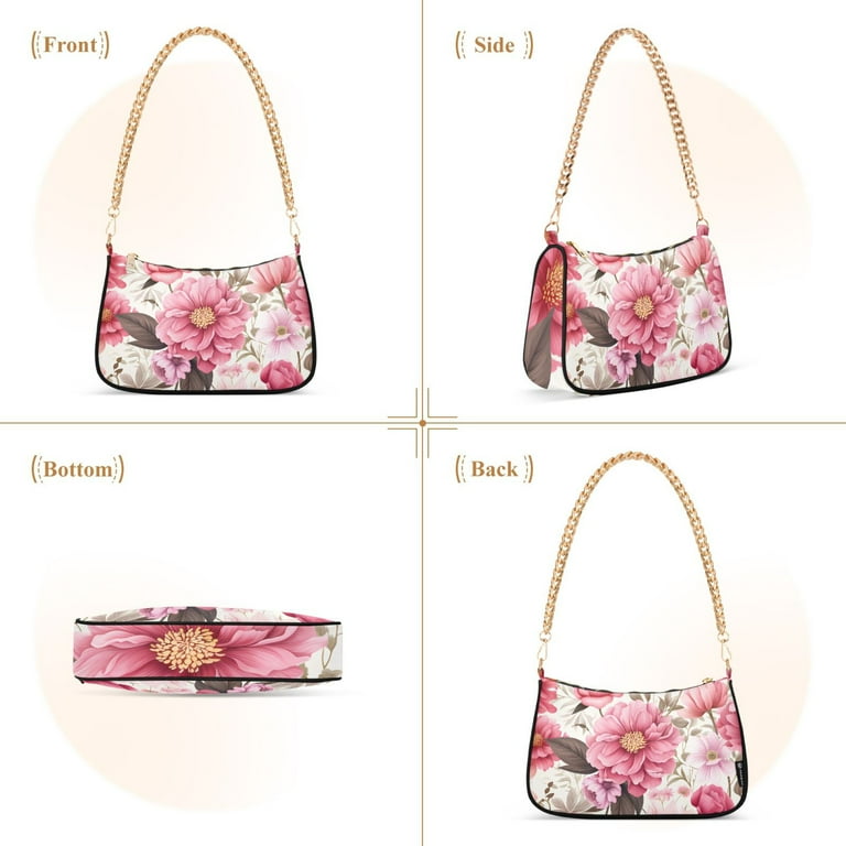 Womens Chain Shoulder Bag Pink Flowers Floral Print Classic