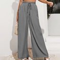 thumbnail image 2 of Women Pants Wide Leg Drawstring High Waist Pure Color Breathable Loose Long Trousers Grey L, 2 of 5