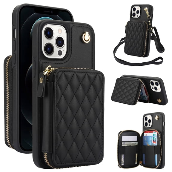 Crossbody Wallet Case for iPhone 12 Pro Max, RFID Blocking Zipper Handbag Purse Flip Cover, Kickstand Folio Case Card Slots Holder Wrist Strap Lanyard