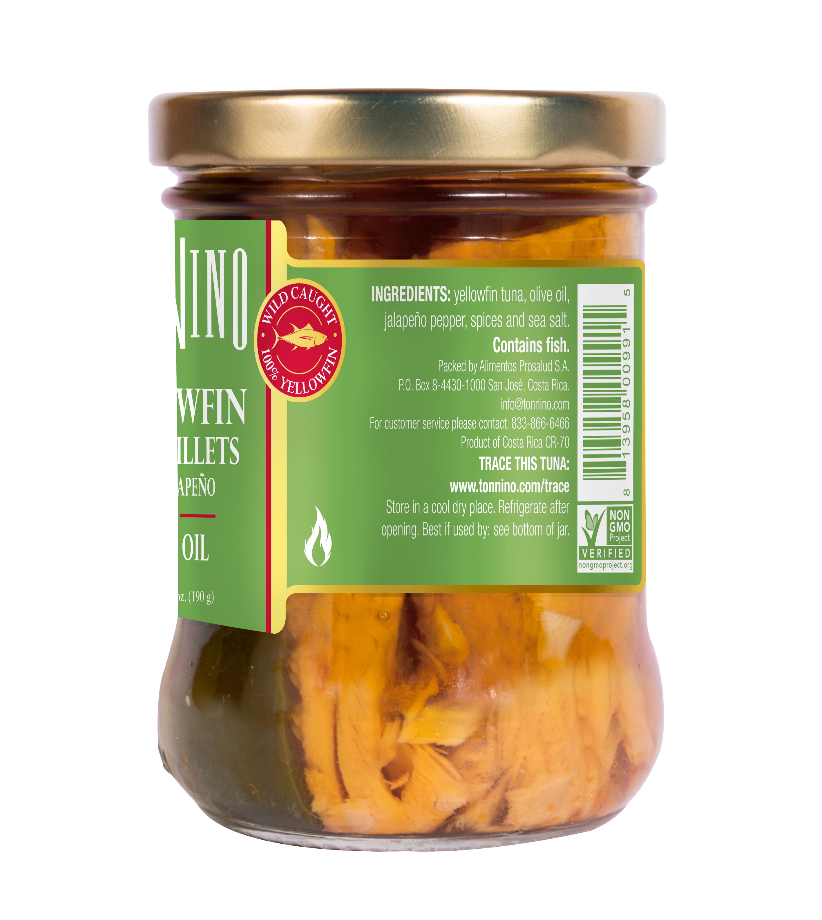 (4 pack) Tonnino Premium Yellowfin Tuna Fillet with Jalapeno in Olive Oil, Wild Caught, 6.7 oz Jar, Gluten-Free