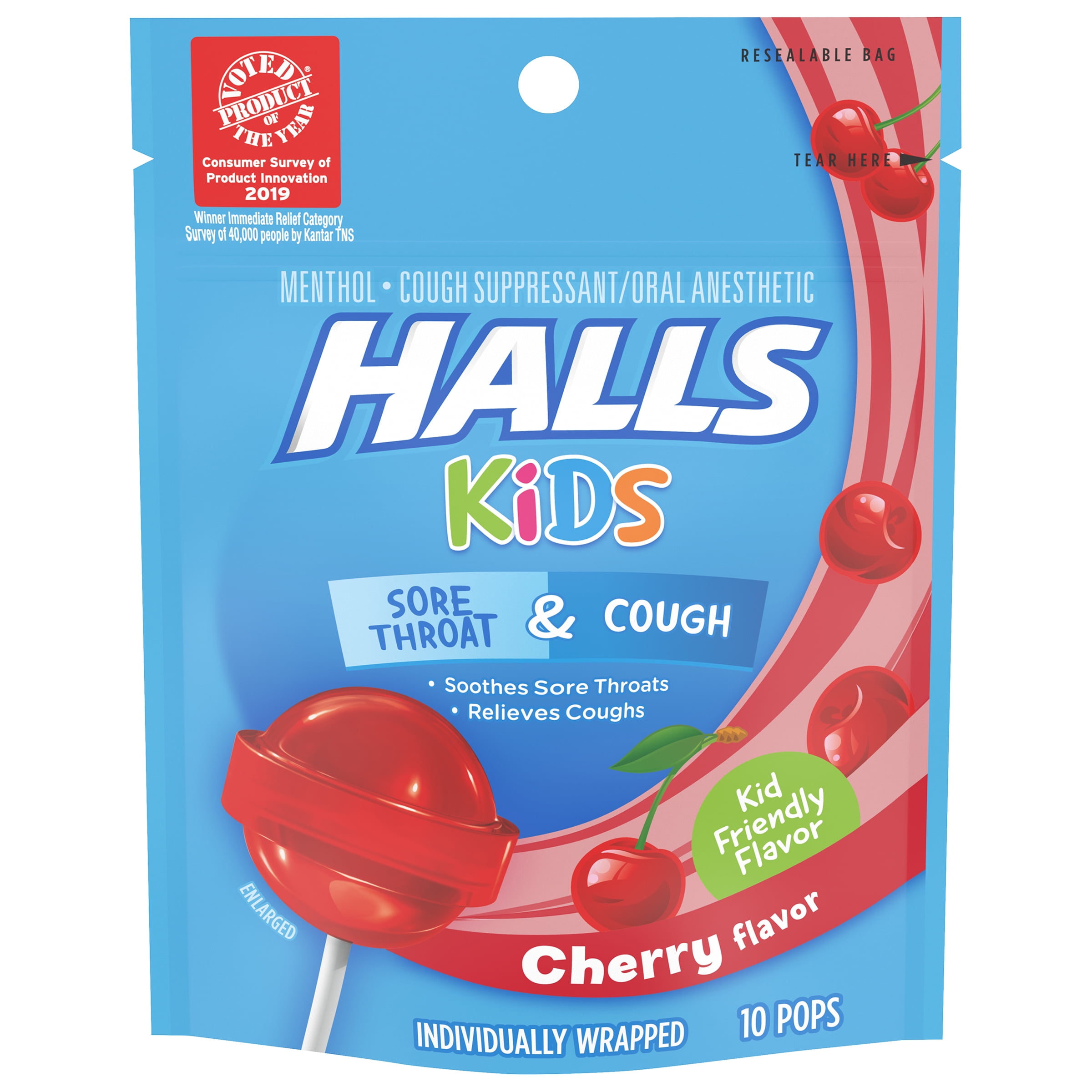 HALLS KIDS Cherry Cough and Sore Throat Pops, 10 Pops