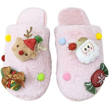 

CoCopeaunt Christmas Slippers for Women Fashion Santa Claus Deer Tree Furry House Shoes Soft Warm Fluffy Faux Fur Indoor Slippers Family