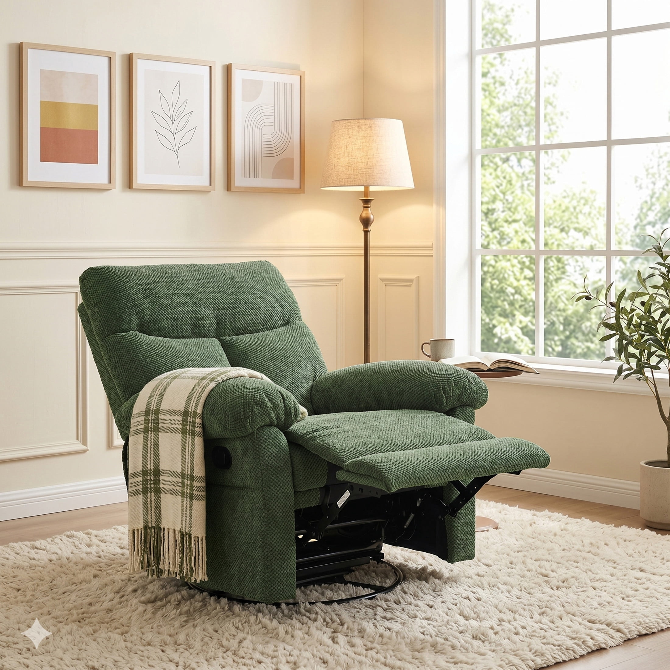 Noble House Modern Swivel Rocker Recliner Chair, Manual Glider Recliner with Textured Fabric, Dark Green