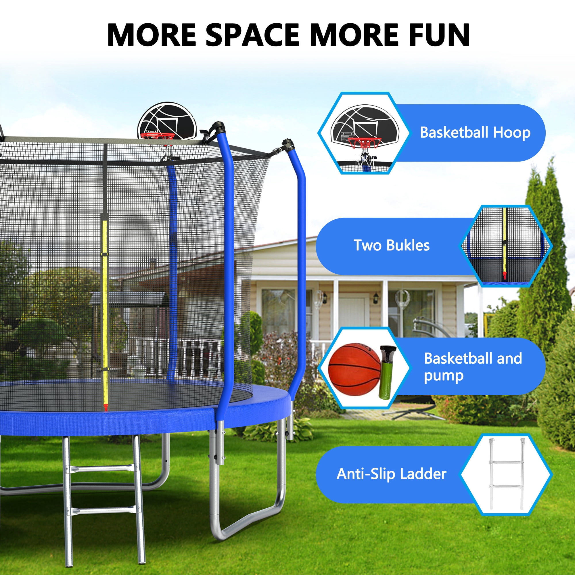 Soges 8FT Trampoline with Basketball Hoop, Reinforced Outdoor Trampoline with Enclosure Net, 1000LBS Capacity for 2-3 Kids