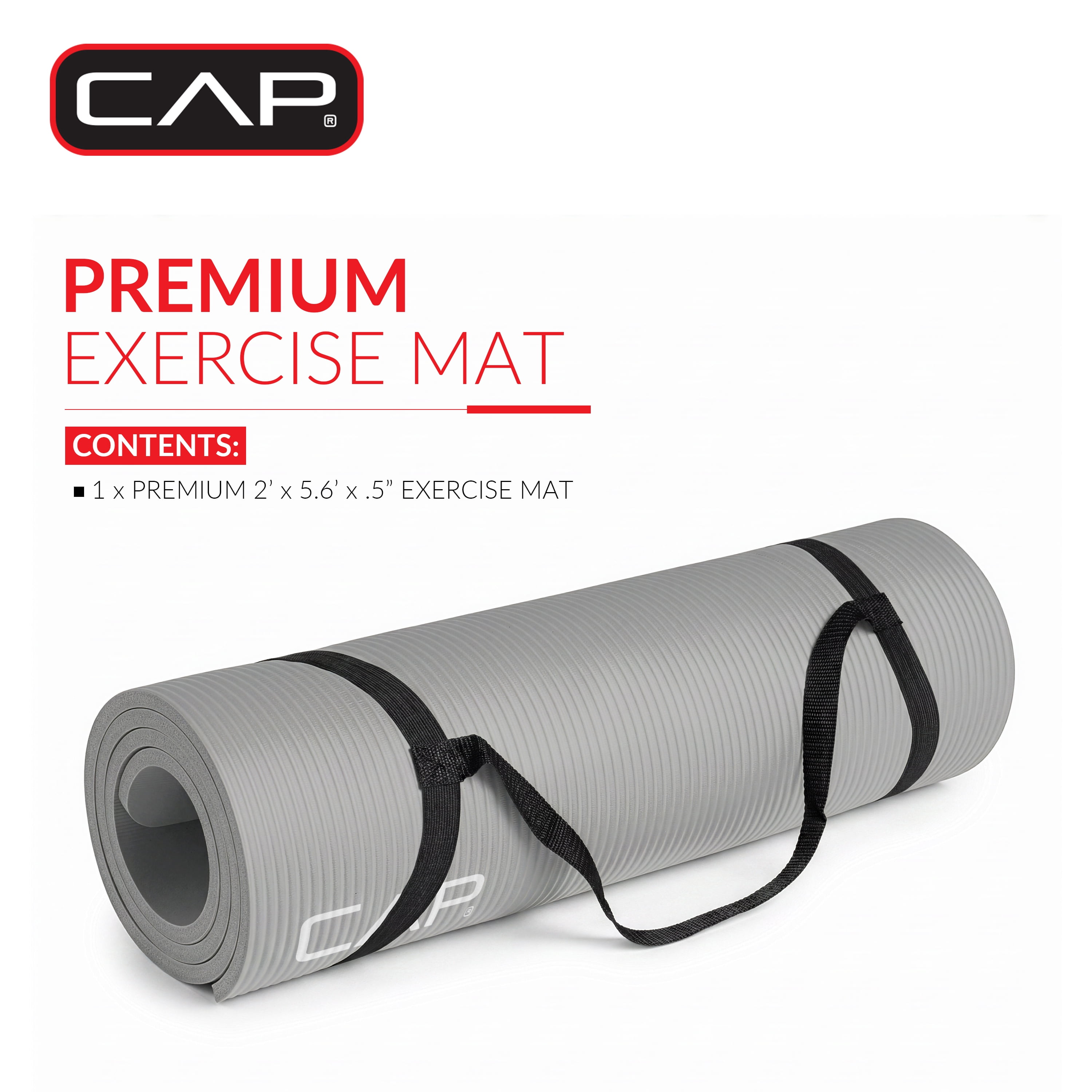 CAP 1/2" Thick Yoga and Exercise Mat with Carry Strap, 68" x 24", Gray