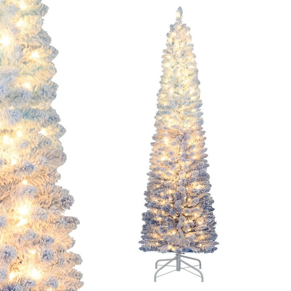 Costway 6 FT Snow-flocked Artificial Christmas Tree with 220 Warm White LED Lights, 8 Modes