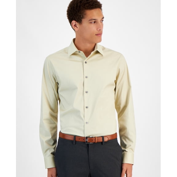 Alfani Dress Shirt Mens 17-17.5 34/35 Brown Rice Slim-Fit Temp Regulate
