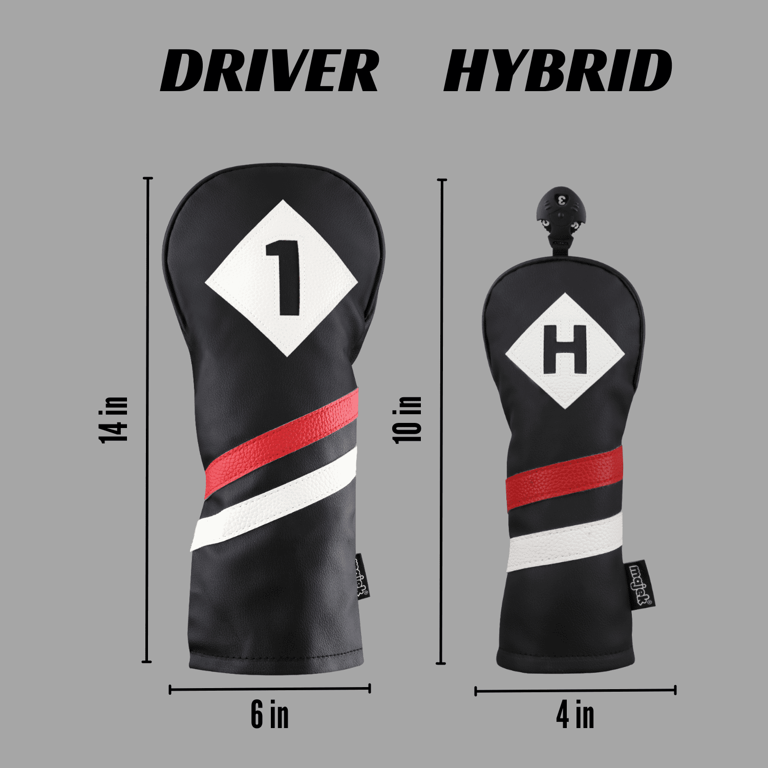 Majek Retro Golf Headcovers Black Red and White Vintage Leather Style 1 H Driver and Hybrid Head Cover Classic Look