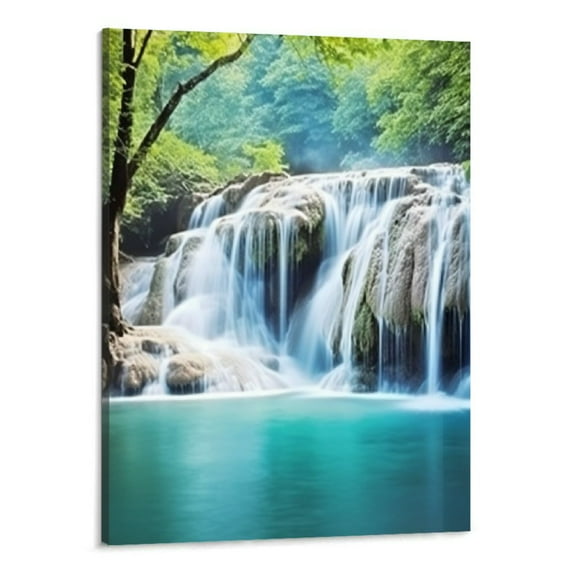 Shiartex Waterfall Wall Art Decor Canvas Print Picture Painting for Living Room Landscape Nature Wildlife Waterfall Green Tree Home Bedroom Decoration Modern Artwork -16x20inch