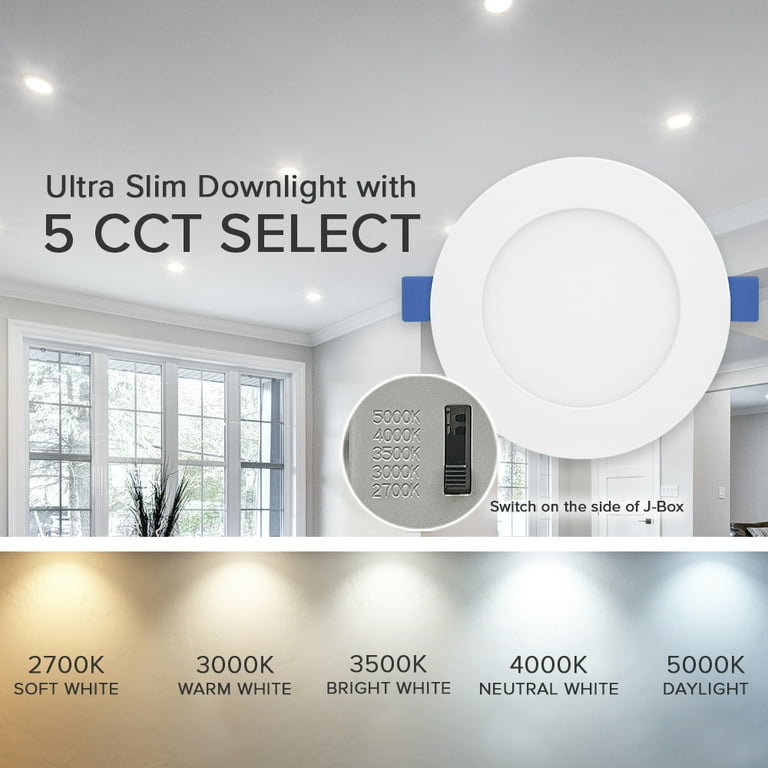 Maxxima 4 in. 5CCT Ultra Thin Recessed LED Downlight - Color Temperature  Selectable 2700K/3000K/3500K/4000K/5000K, 700 Lumens, Dimmable Light  Fixture