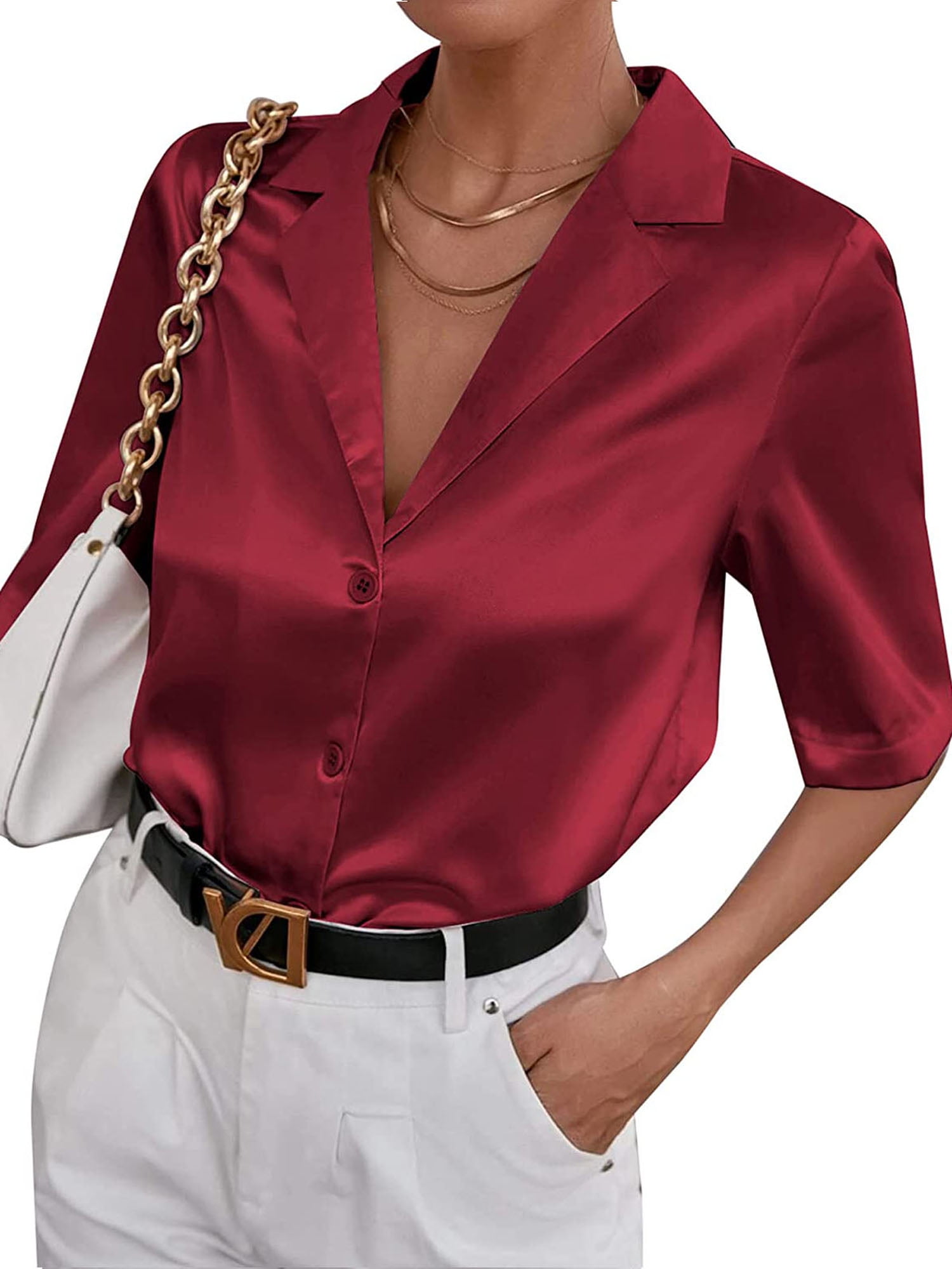 Elegant Women Embroidered Silk Satin Business Workwear Casual Tops Blouse Shirts
