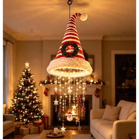 Lighted Candy Cane Striped Wreath Hat Hanging Chandelier, Weather‑Resistant LED Christmas Light, Indoor Covered Outdoor Holiday Party Decoration