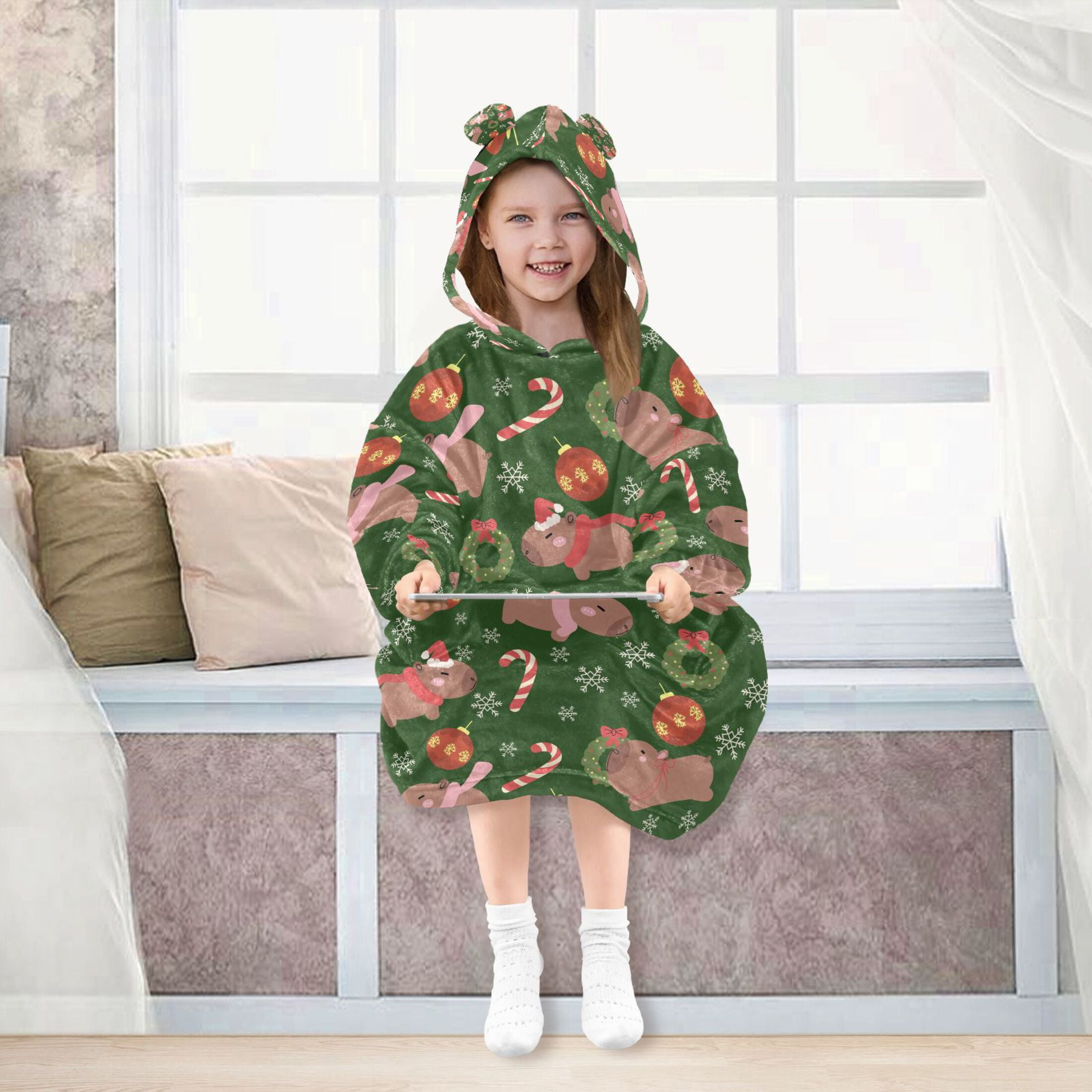 joogoo Blanket Hoodie Capybara Wreath Snowflake Pattern for Oversize Sweatshirt Boys Girls 3-14 YR L
