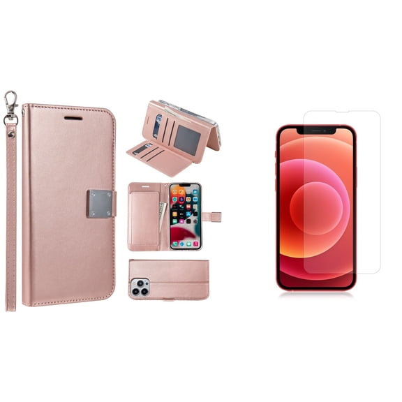 Bemz Pocket Clutch Wallet Case and Glass Screen Protector for iPhone 14 Pro - Rose Gold