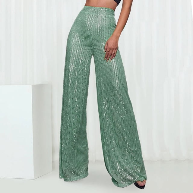 WILLBEST Pantalones Casuales de Lentejuelas de Moda para Mujer, Cintura Alta, Pierna Ancha, Acampanados, Ropa de Discoteca para Mujer, Estilo Brillante, Ajuste Cómodo Chica