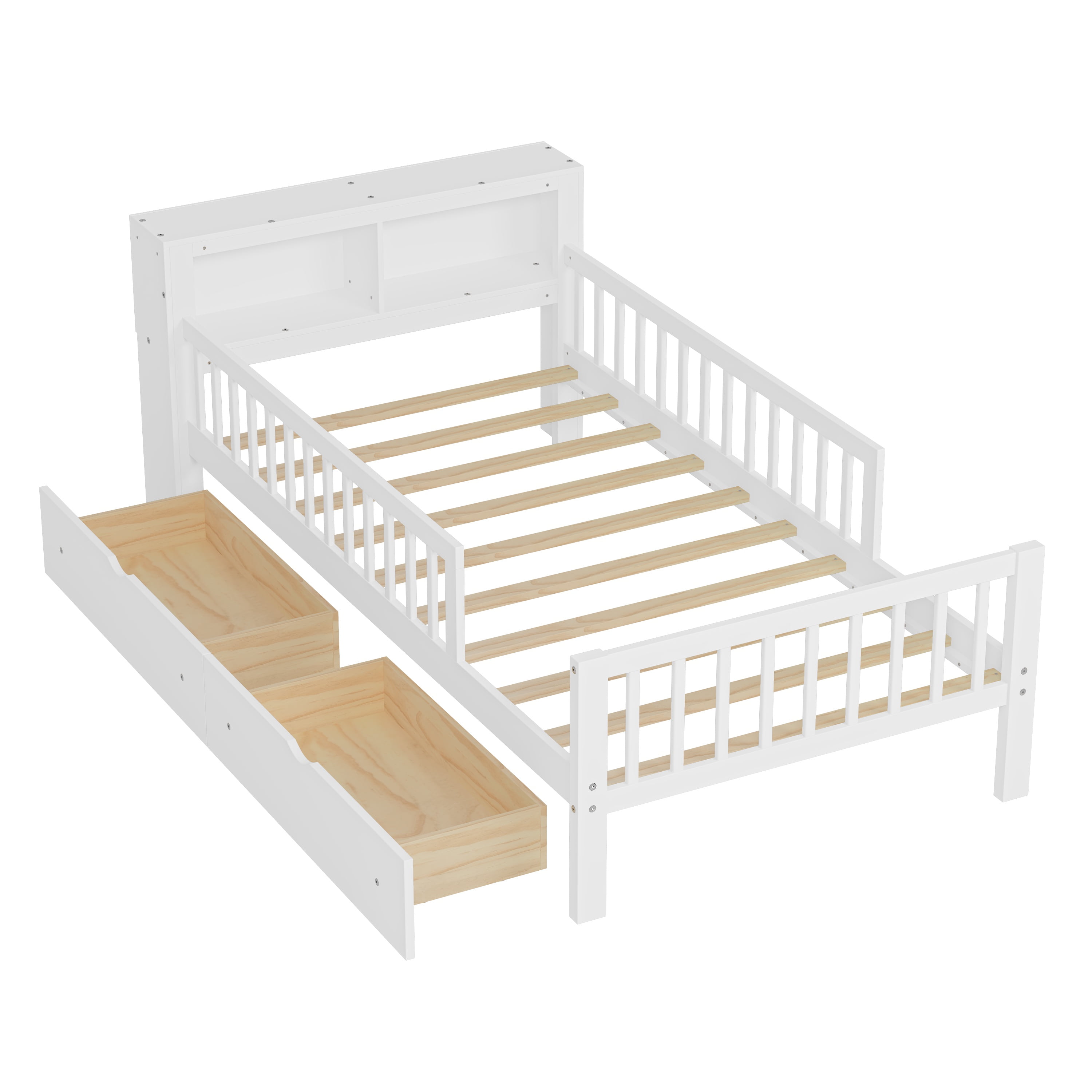 Twin Bed Frame for Kids, SHINPT Twin Size Bed Frame with Headboard Storage Rack, Storage Bed Frame with Two Under-Bed Drawers, Bed for Kids with three-Side Guardrails, White, Pink, Gray, Walnut