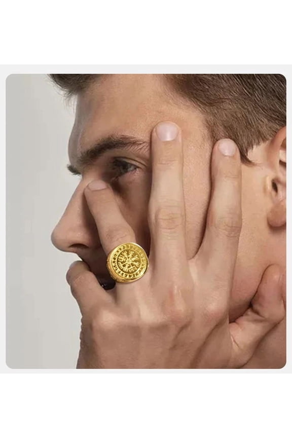 Cool Punk Norse Viking Thor Mjolnir Hammer Rings for Men,Solid 14K Yellow Gold Metal Rock Axe Signet Finger Bands Jewelry