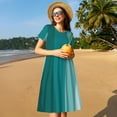 thumbnail image 4 of Goofa Teal Color Pattern Women Summer Short Sleeve Midi Dress with Pockets Casual Aline Flowy Tshirt Dress Vocation Beach Sundress, 4 of 6