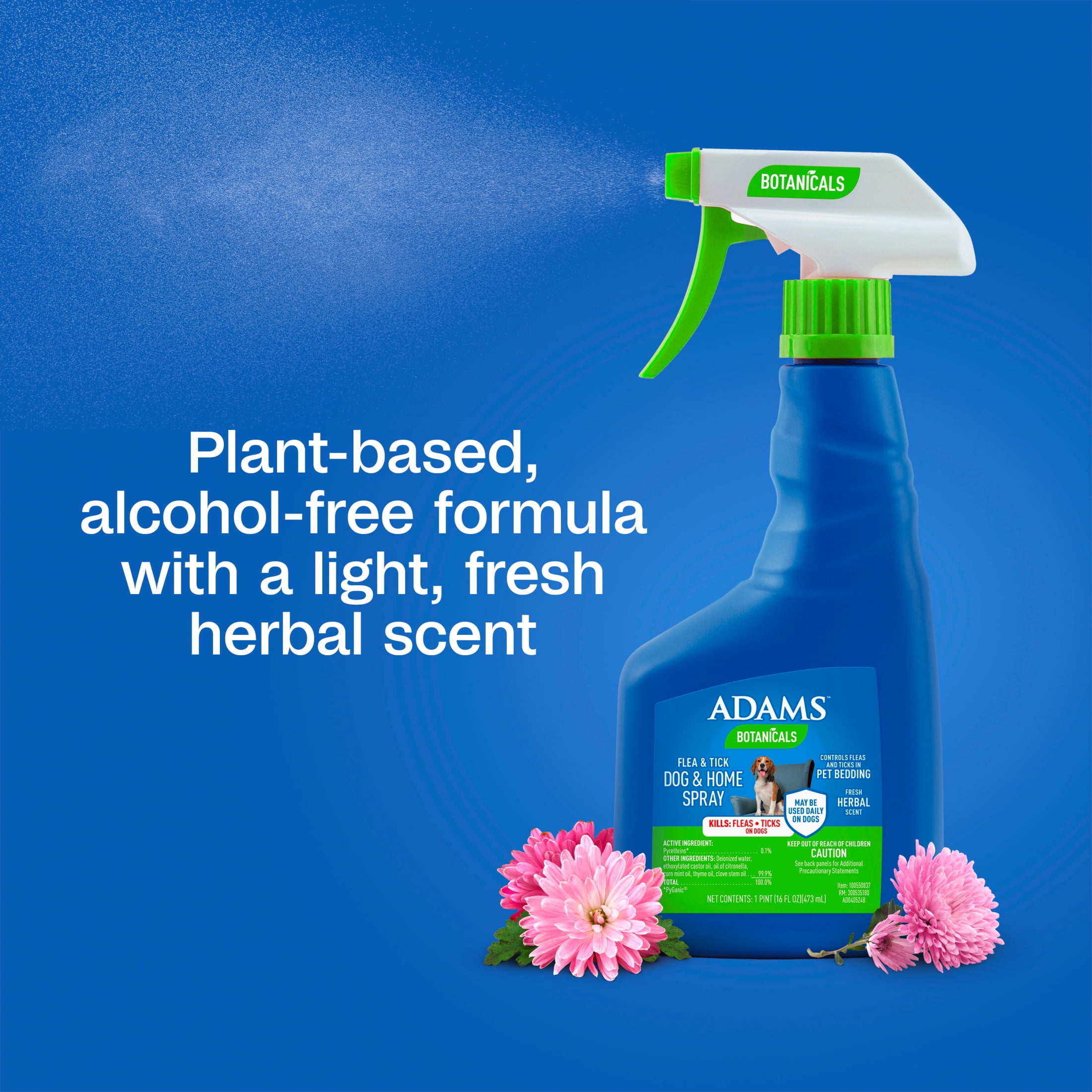 ADAMS Botanicals Flea & Tick Dog and Pet Bedding Spray, Flea spray for dogs. Kills Fleas & Ticks on Dog Bedding and Furniture, Plant-Based Formula, 16 fl oz
